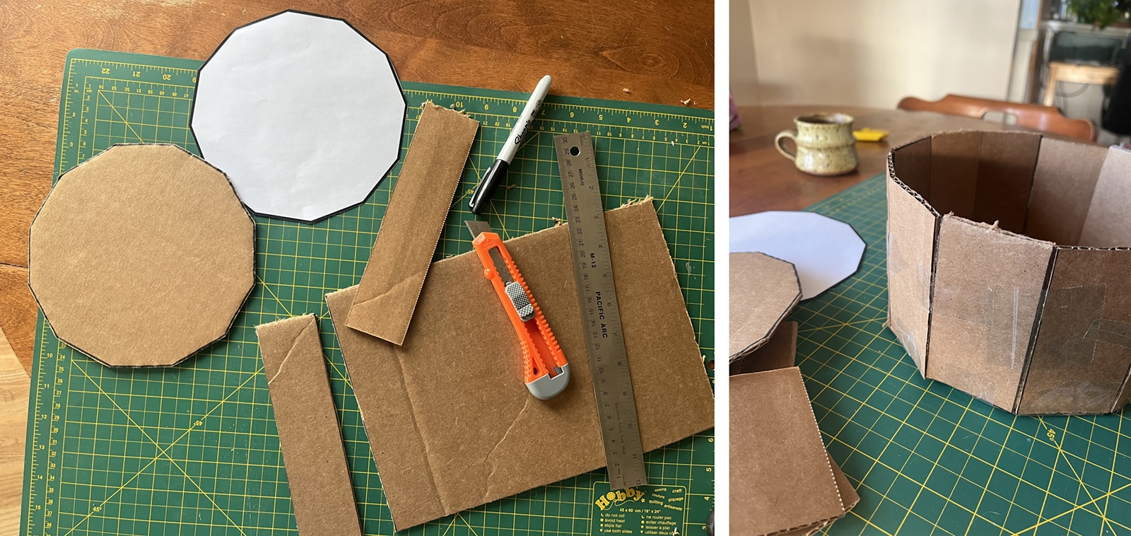 Cardboard templates on a green cutting mat with an X-Acto knife.