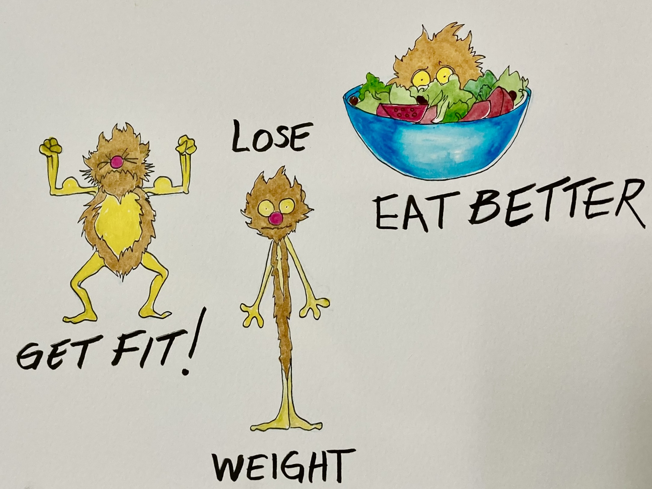 Three watercolour illustrations of monsters with golden fur depict three classic New Year&rsquo;s resolutions to get fit, lose weight and eat better.