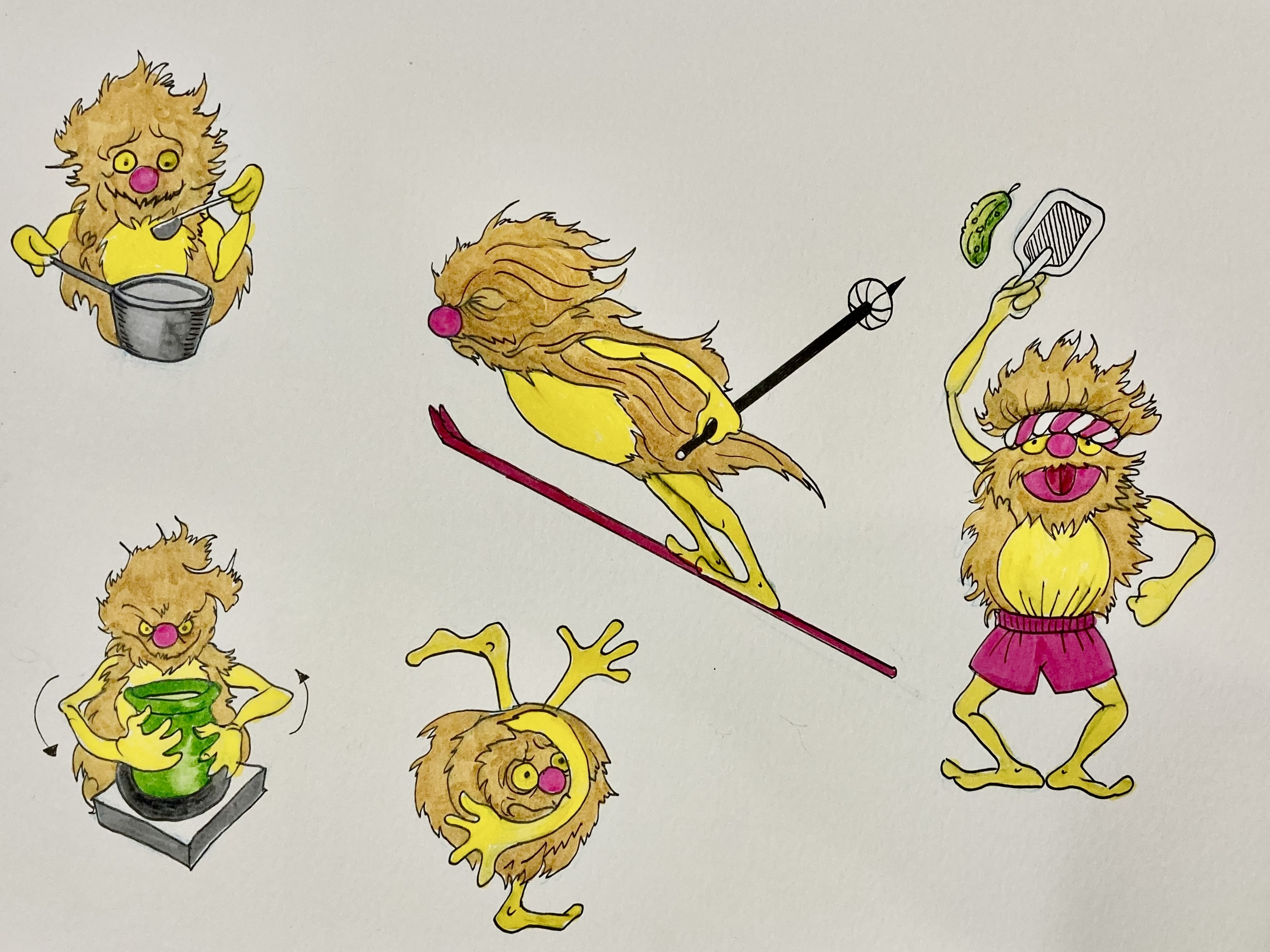 An illustrated character study of several furry creatures with gold fur cooking, skiing, playing pickleball, doing yoga and making pottery.