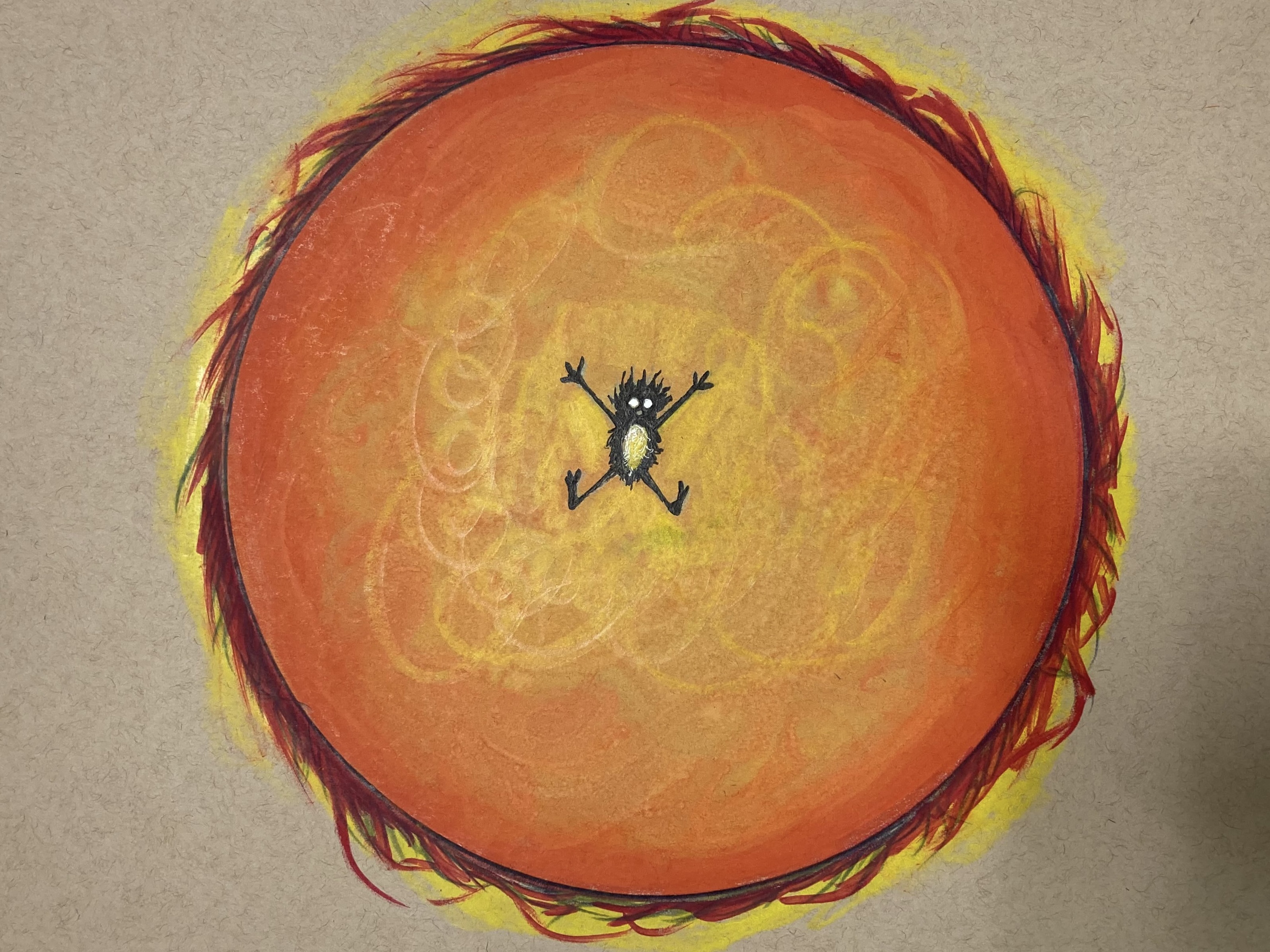 A watercolour illustration features the small, dark silhouette of a creature in space against a large spherical celestial body that resembles the sun.
