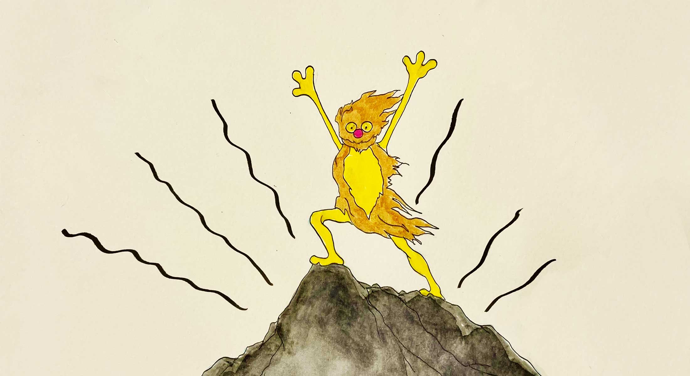 A watercolour illustration of a furry creature with gold fur and a pink nose arrives at the top of a grey mountain, arms raised in victory. 