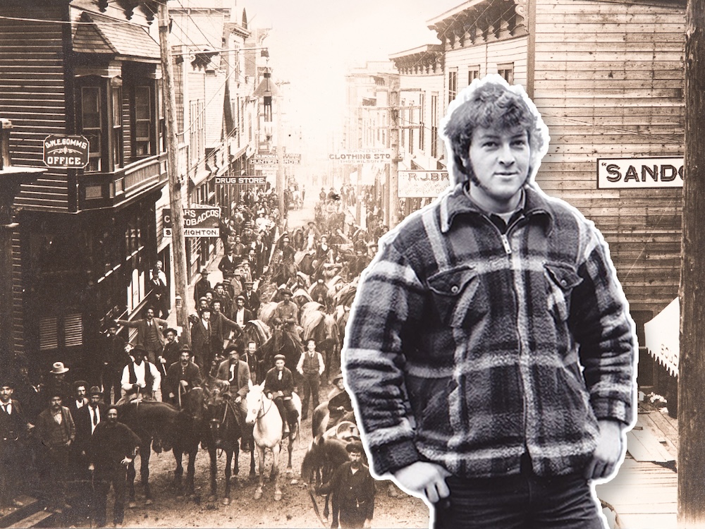 Left, a 19th century street scene shot from above, with a mass of people assembled with wooden buildings on either side; Right, a large 17-year-old teenager is shown in a black and white photo from 1975. He has large sideburns and is wearing a zip-up plaid sweater.