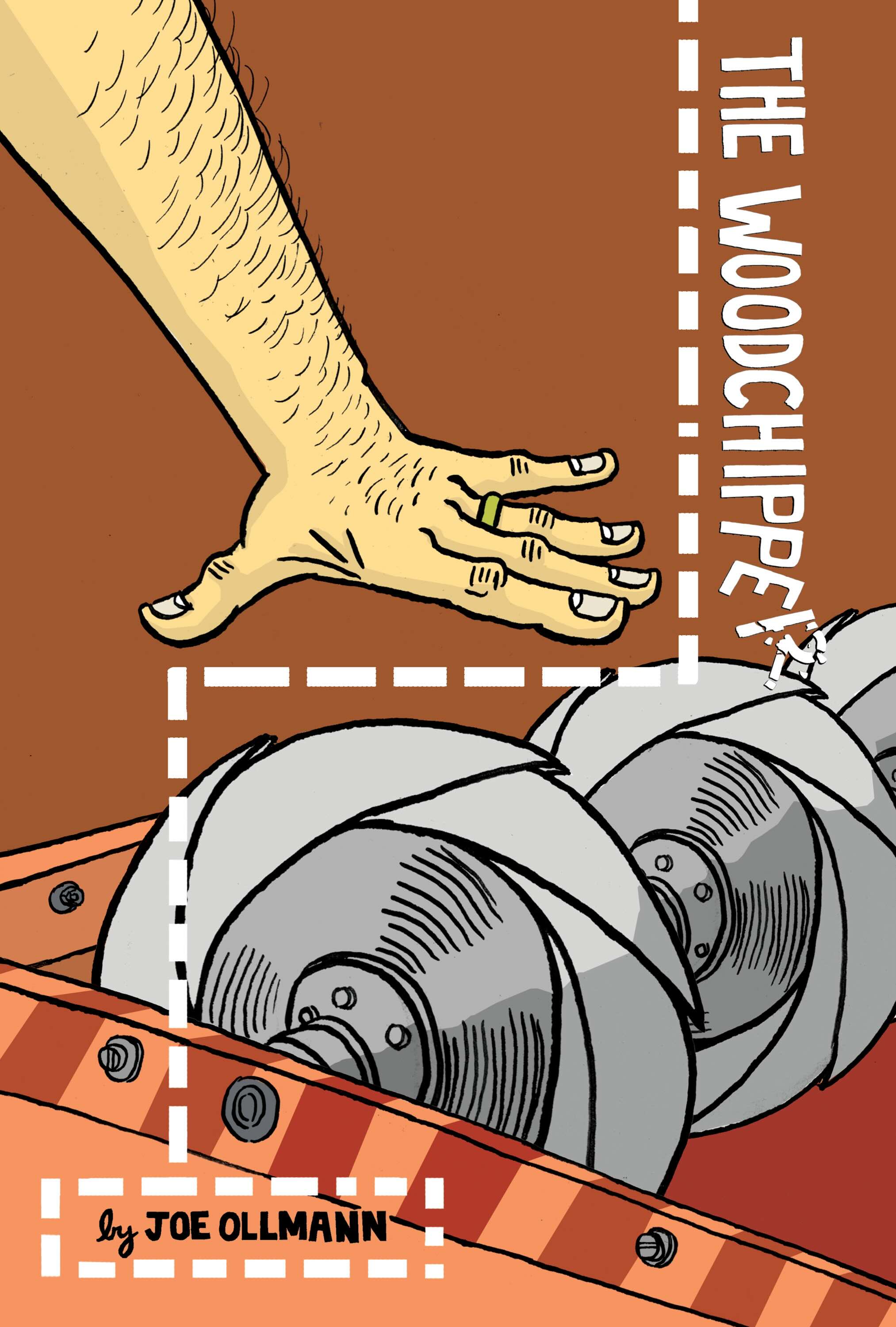 The book cover image for 'The Woodchipper' features a hairy cartoon hand reaching over a row of silver circular saws against a brown background.