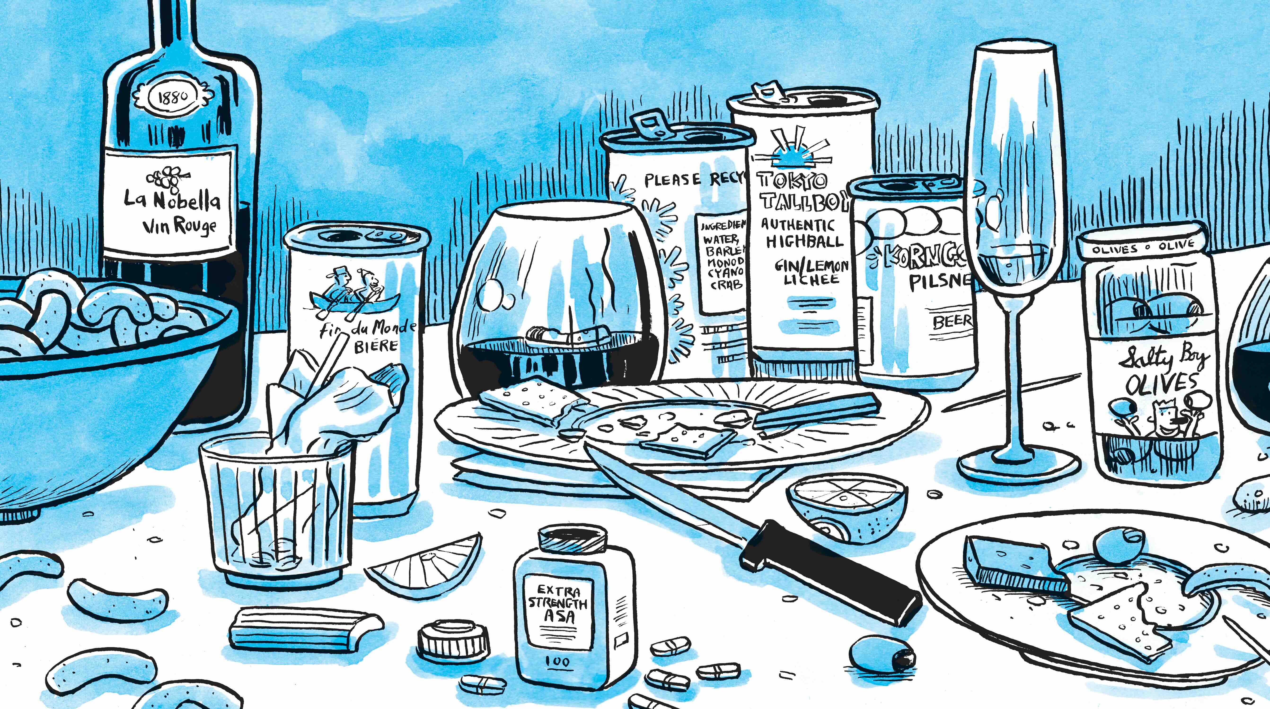 An illustration using blue, black and white depicts an empty spread on a table. There are half-empty bottles and cans of wine and beer, and dishes of snacks that have been eaten.