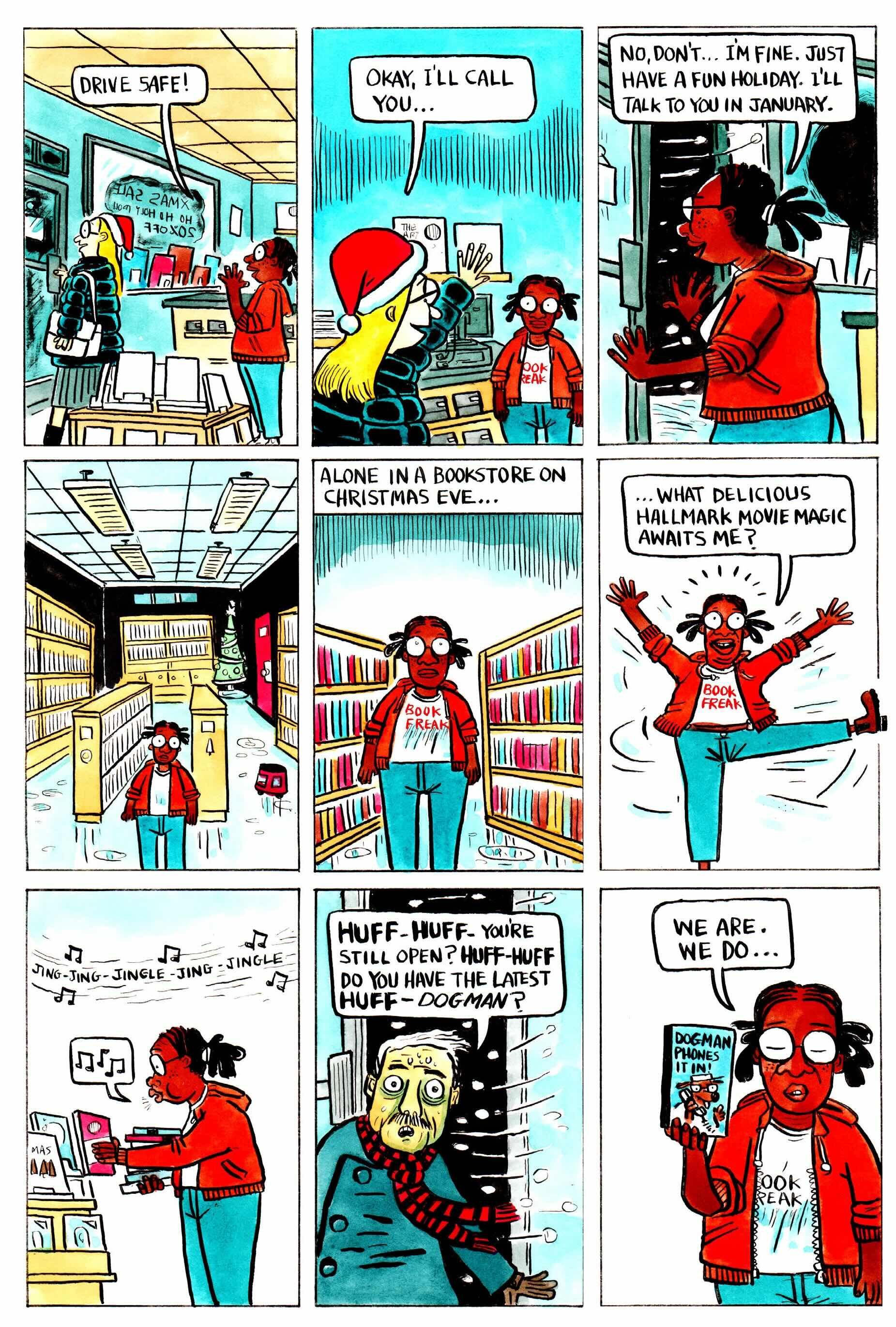 A nine-panel comic depicts a bookstore in its final operating hour before closing for the Christmas holidays.