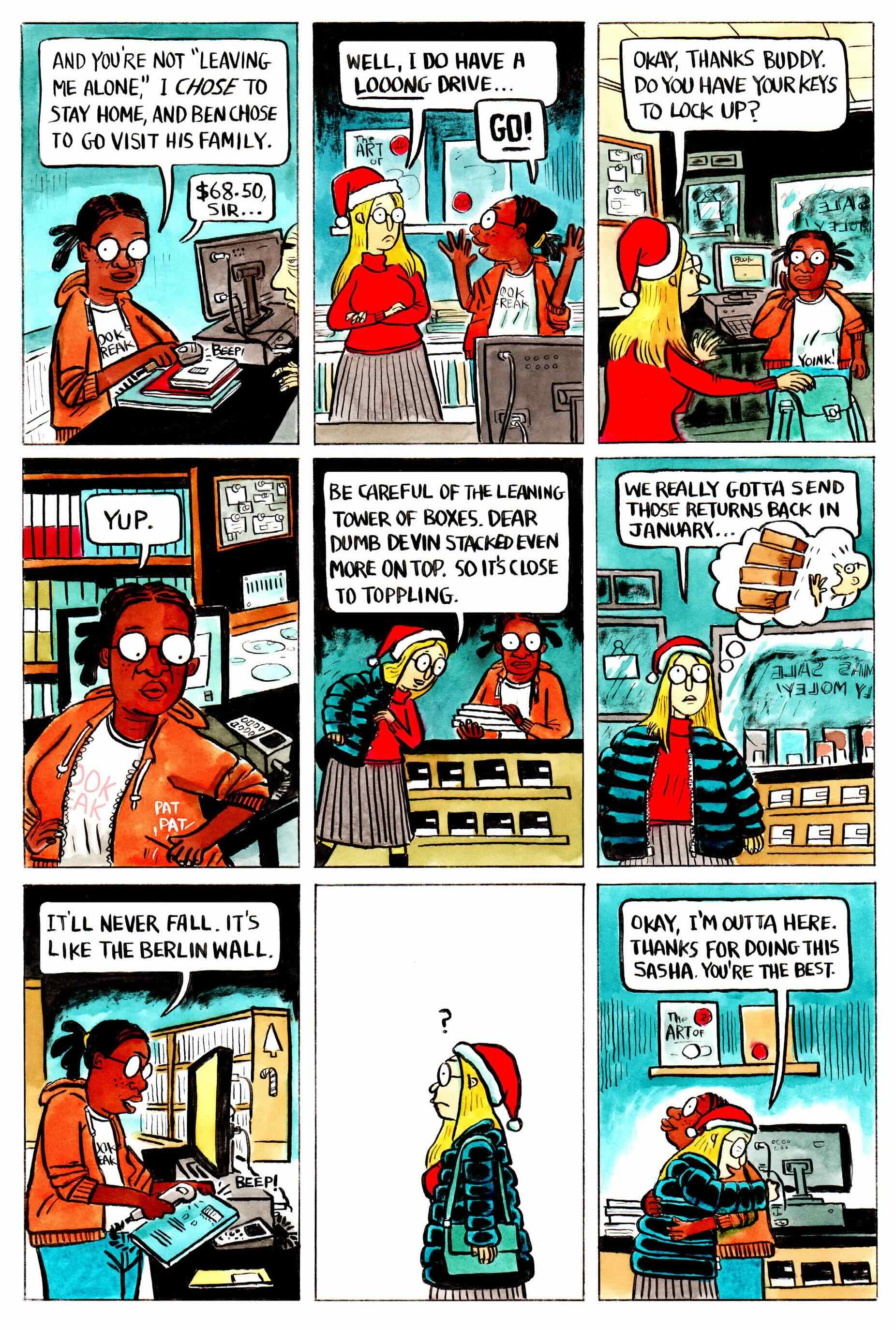 A nine-panel comic depicts a bookstore in its final operating hour before closing for the Christmas holidays.