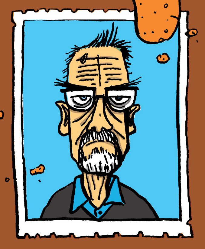 A self-portrait of Joe Ollmann depicts a cartoon headshot of a frowning white man in glasses with a beard in a postage stamp against a blue background. Cheese puff snacks line the frame.
