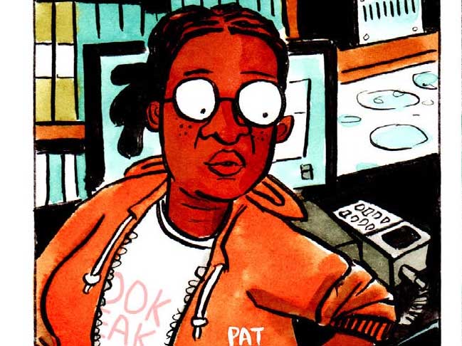 A comic panel image features a Black woman in glasses wearing a zip-up orange hoodie over a white T-shirt. She is standing behind the sales desk of a bookstore.