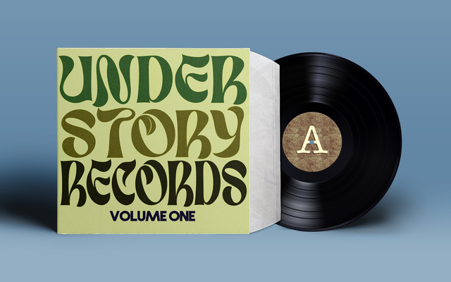 A digital illustration features the green album sleeve for Understory Records Volume One next to a black vinyl record against a blue background.