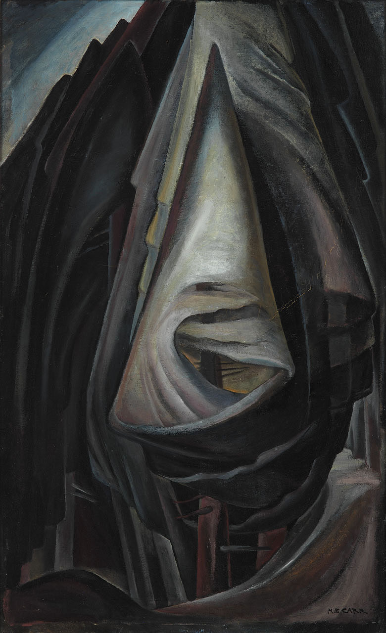 A grey oil painting depicts an abstract triangular rendition of a coniferous tree in a forest.