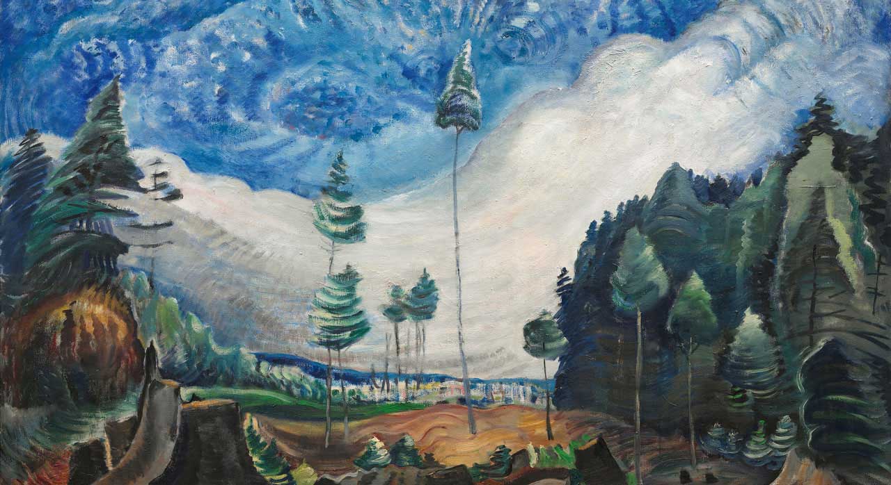 A 1935 oil painting depicts a collection of coniferous trees on a cut block against a swirling blue sky.