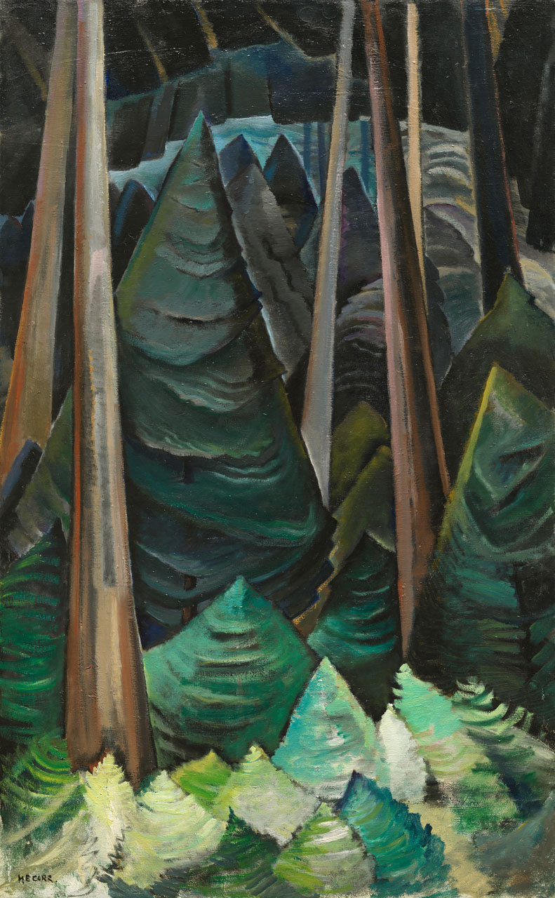 An oil painting features older coniferous trees in a forest with smaller, brighter new trees at the bottom of the frame.