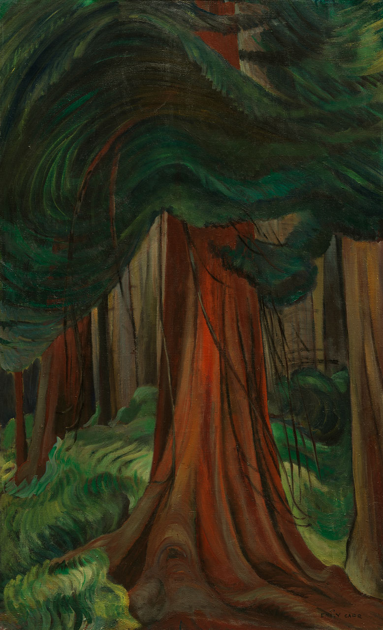 An oil painting of a red cedar tree features a focused treatment of the tree&rsquo;s auburn trunk.