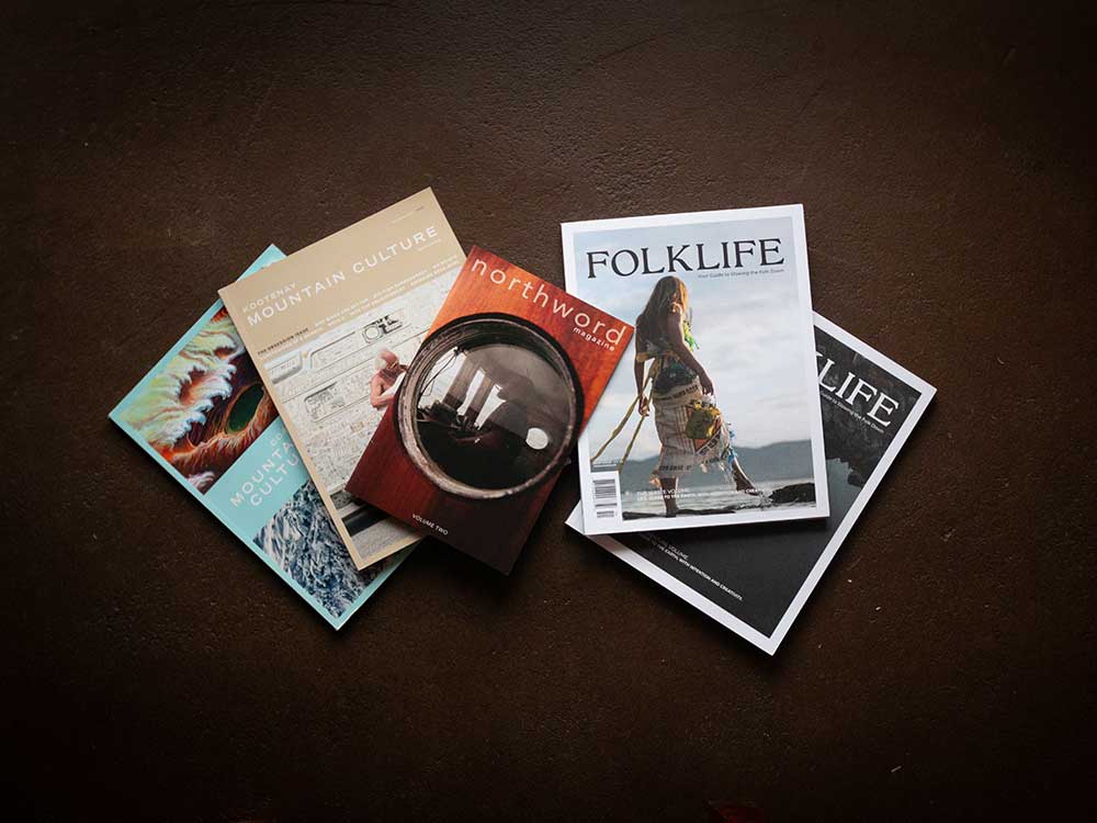 A selection of six independent culture magazines are laid out across a brown background.