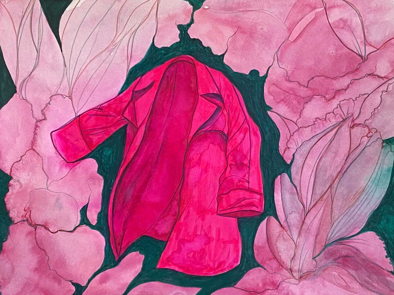A watercolour illustration features a fuchsia jacket against a dark green background. Around it are lush pink flower petals.