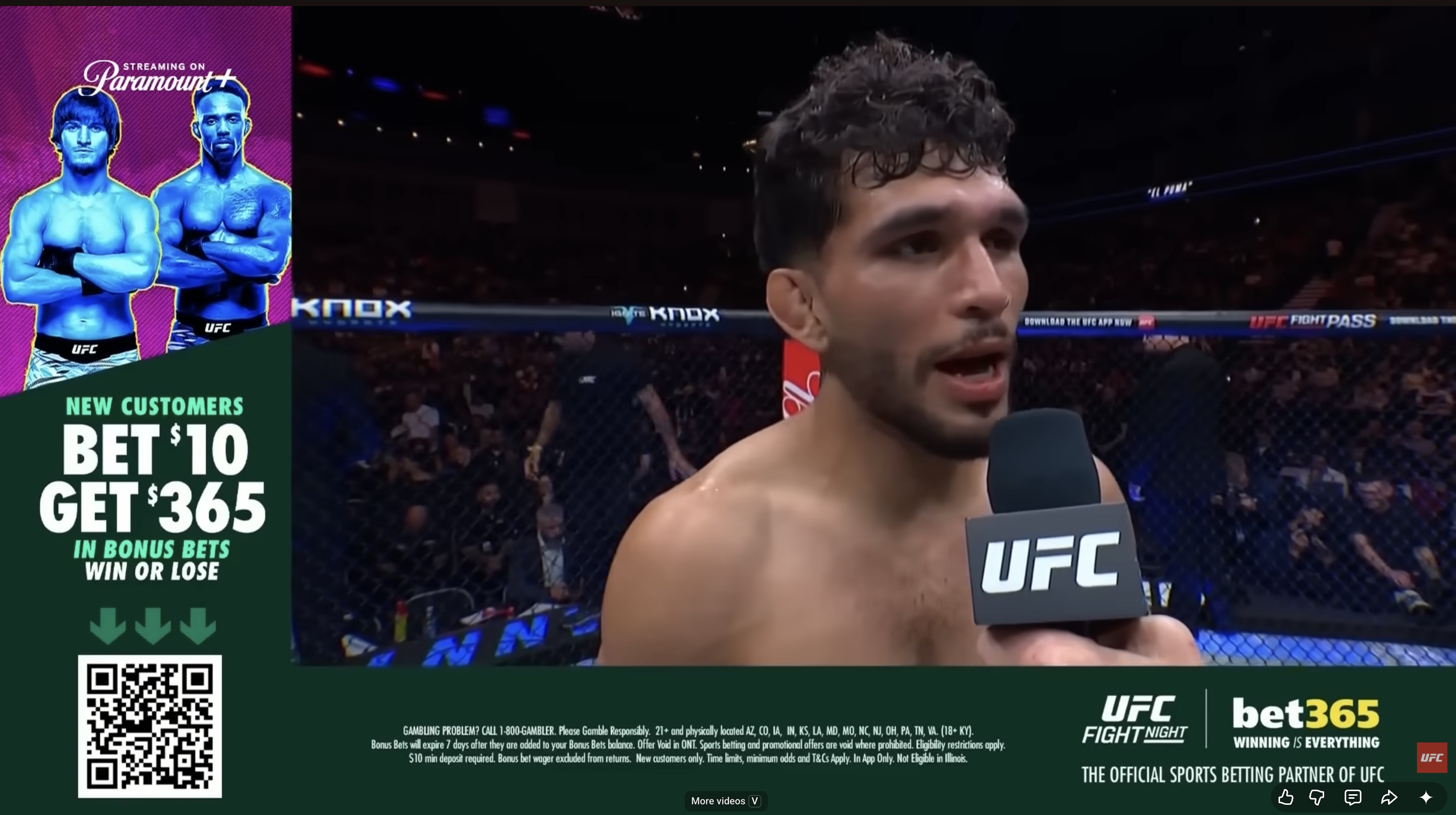 A screenshot of a post-fight interview with UFC fighter Danny Silva, who has curly dark hair and a beard. He is speaking inside a blue UFC cage and the frame is bordered with sports betting logos and links.