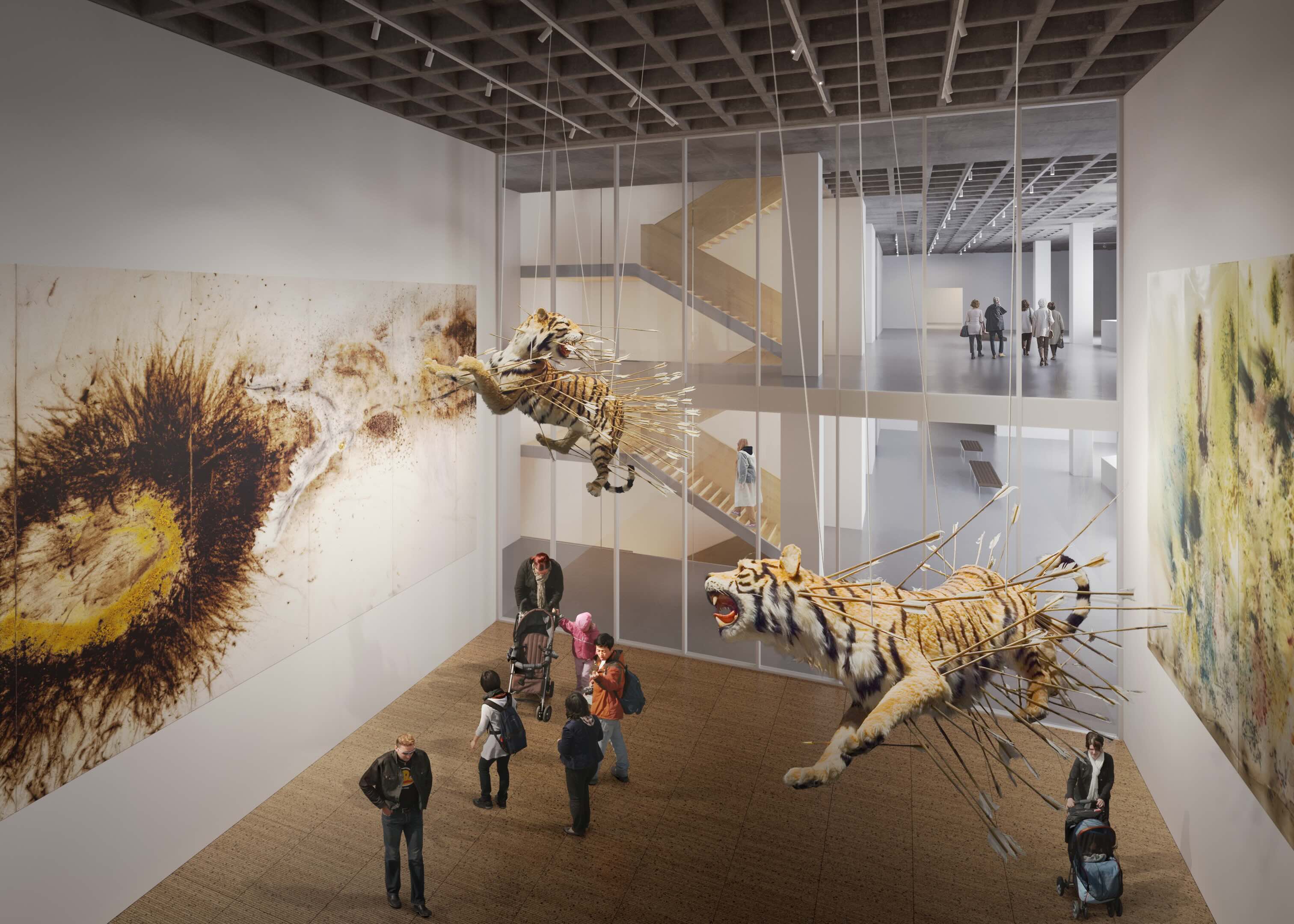 An architectural rendering shows an interior museum space with high ceilings from which tigers hang on strings, their bodies full of arrows. A large abstract painting hangs on the wall on the left of the frame and visitors gather below.