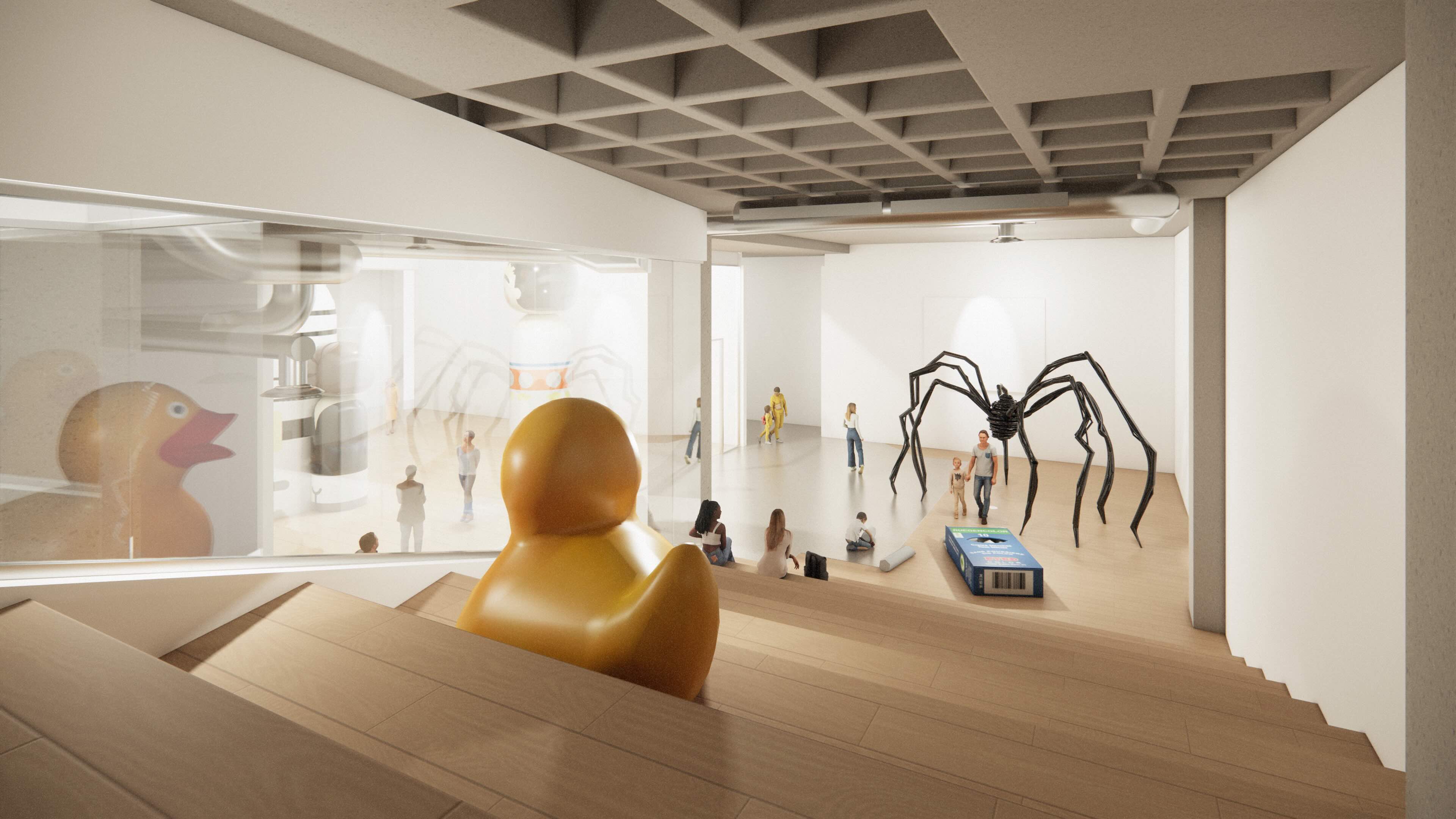 An architectural rendering of a gallery space featuring wide light birch stairs, a giant yellow rubber duck and families situated around a large-format installation of a spider.