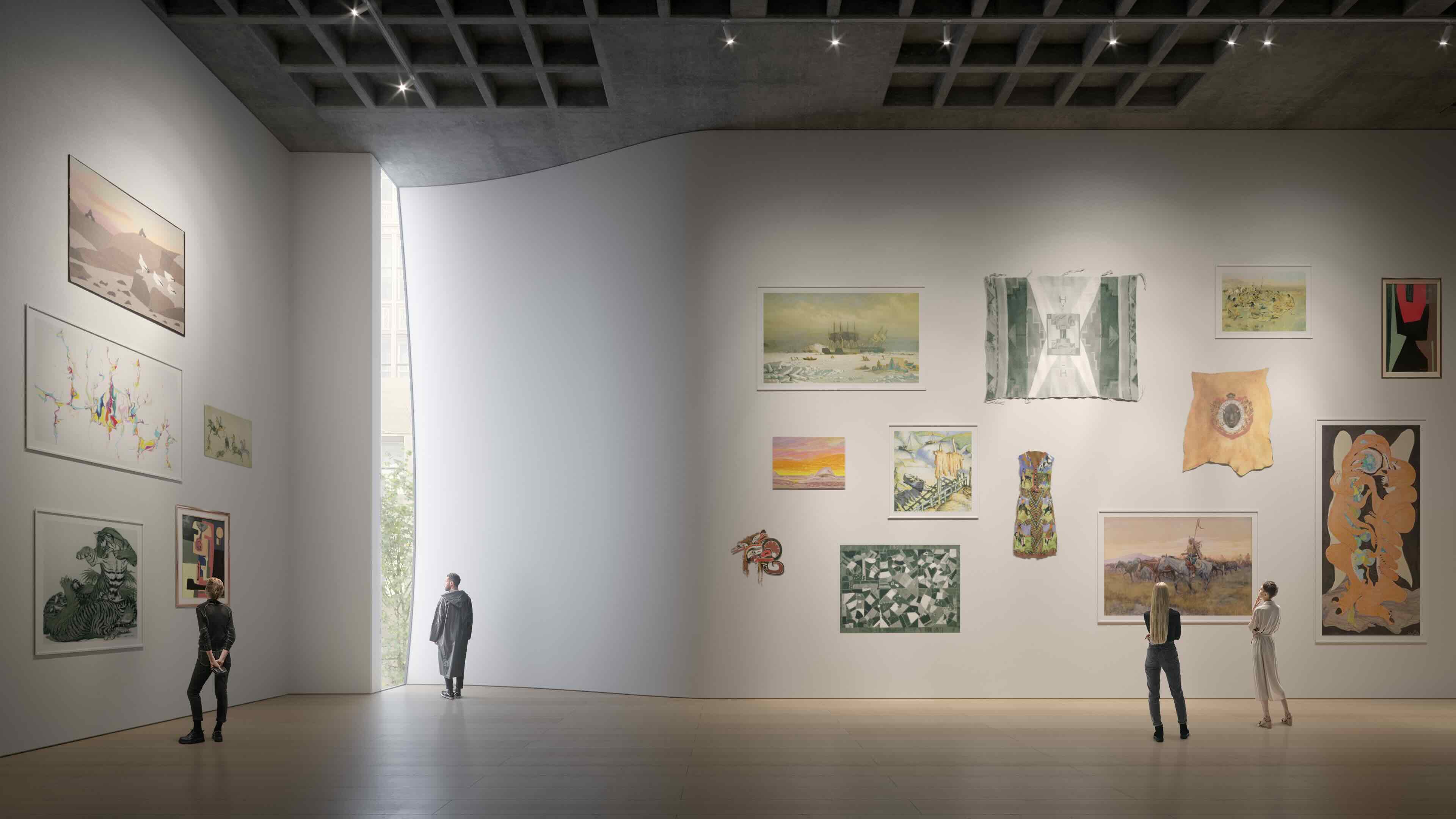 An architectural rendering shows an interior museum space with high ceilings and contemporary art arranged across white walls. Gallery visitors are situated on the floor below.