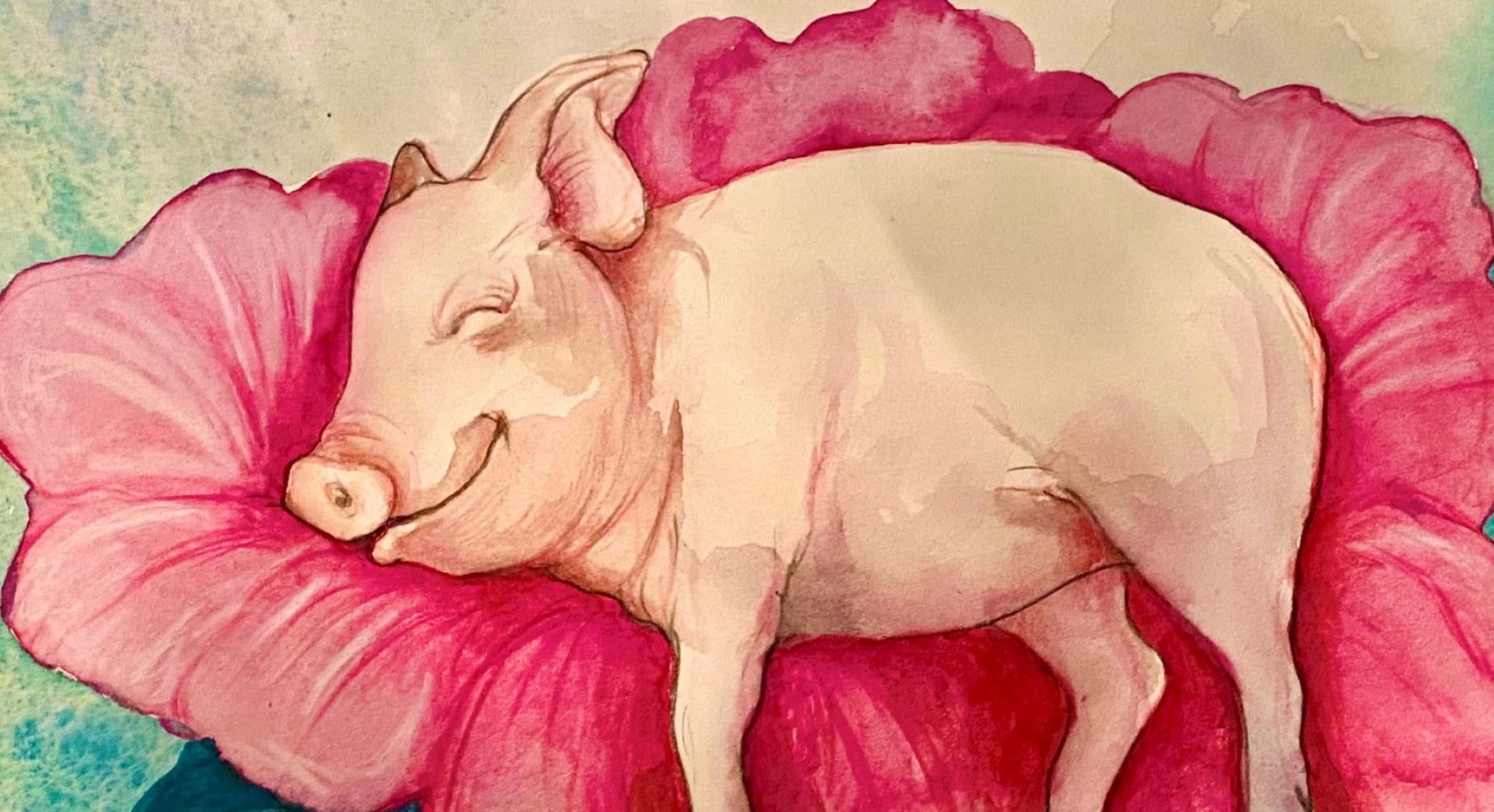 A watercolour illustration of a pink pig resting in the middle of a large fuchsia flower against a light background. Dark green leaves are below.