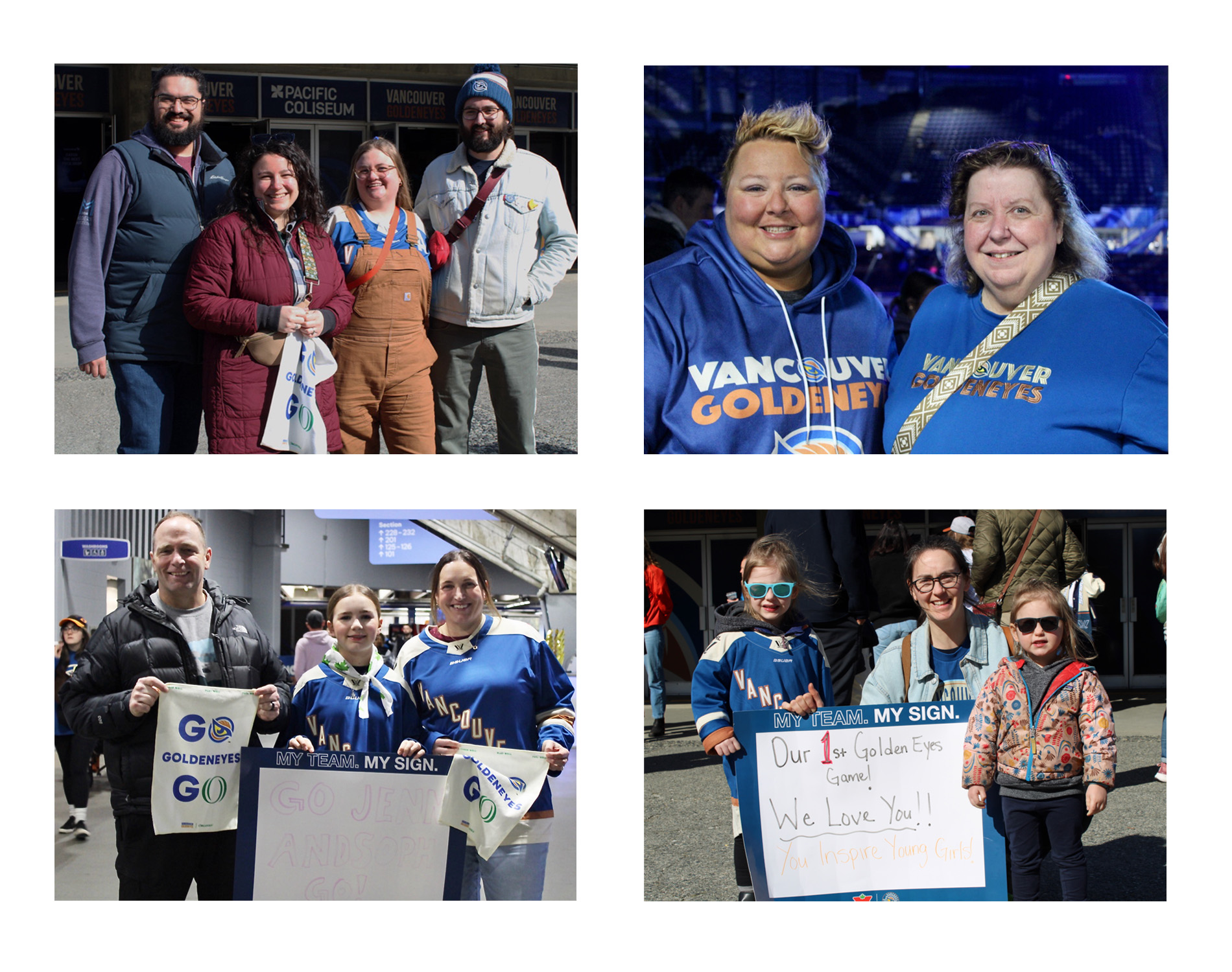 Four photos show groups of fans, including two families with children and two groups of adult friends. They hold up signs and wear toques and shirts with the logo of their team, the Vancouver Goldeneyes.