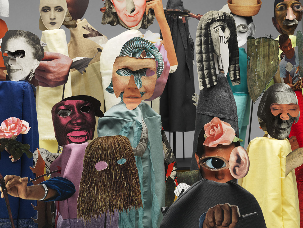 An abstract piece of multimedia artwork depicts colourful abstract faces and eyes in a magazine collage-style format against a grey background.