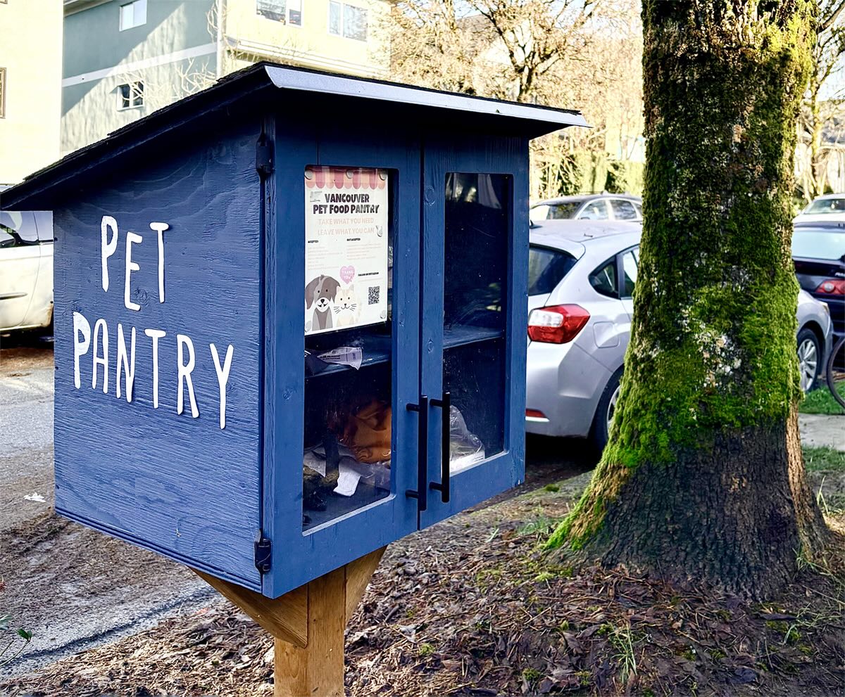 A blue painted wooden box reads, &lsquo;Pet Pantry.&rsquo;