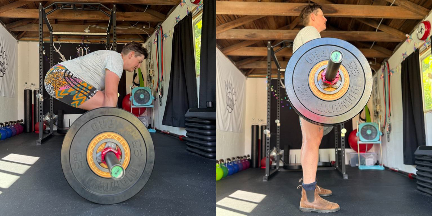 A diptych shows andrea bennett, who has light skin and short dark hair, deadlifting a barbell with waffle stickers.