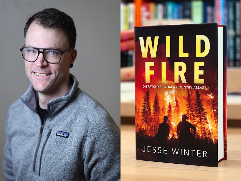 A photo on the left shows a man in his 30s with short brown hair and glasses. A photo on the right shows the cover of a book about wildfires.