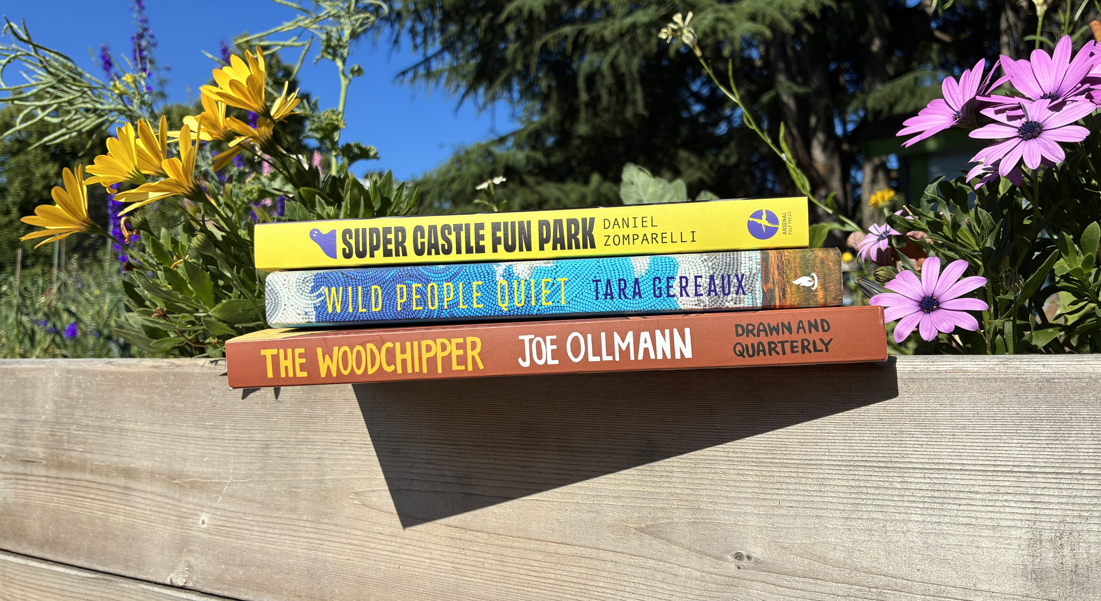 Books &mdash; Super Castle Fun Park by Daniel Zomparelli, Wild People Quiet by Tara Gereaux, and The Woodchipper by Joe Ollman &mdash; on a garden box. 