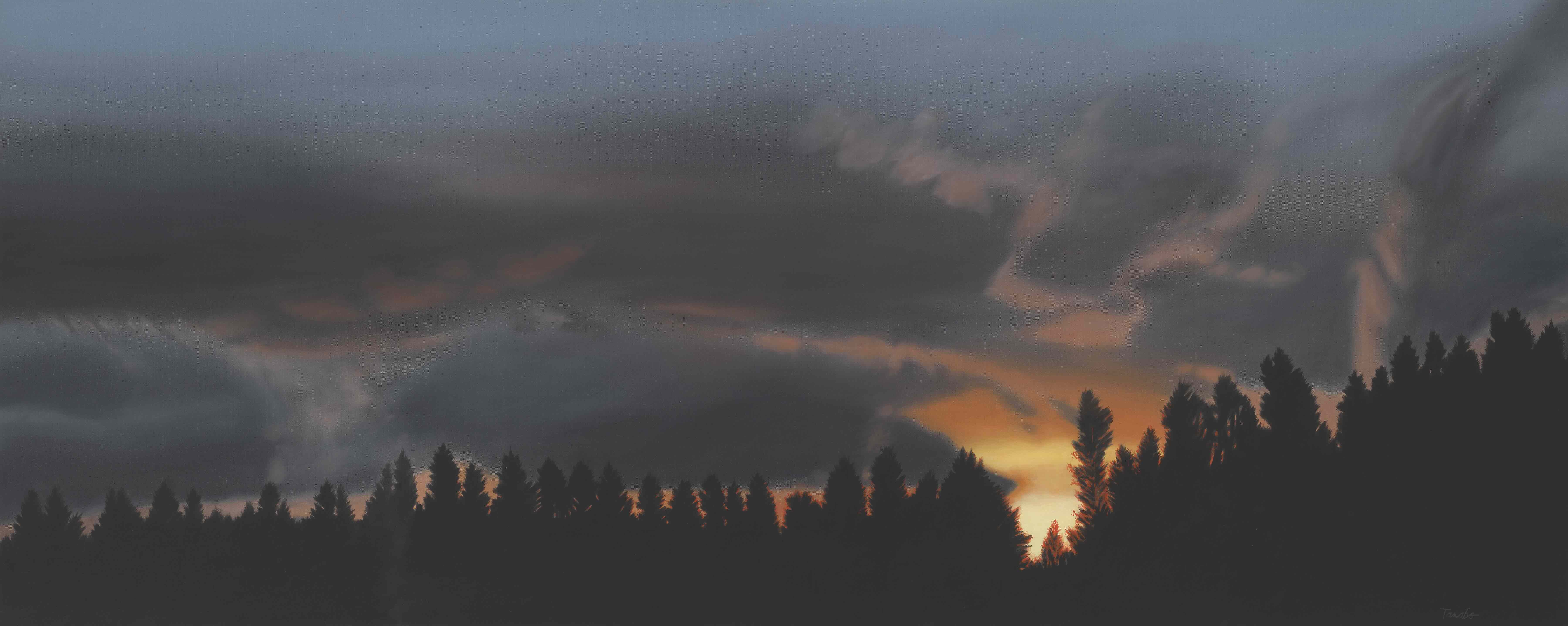 A photo-realistic acrylic painting depicts the dark silhouette of a conifer treeline under a dark grey sky. A sky at sunset is visible through a break in the clouds.