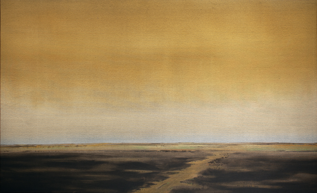 A photo-realistic painting of a landscape under a prismatic orange sky.