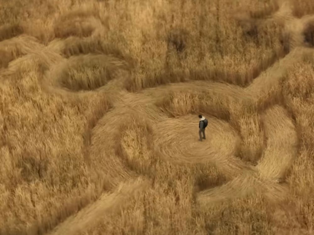 An aerial view of a man depicts him standing in a wheat field carved with strange shapes.