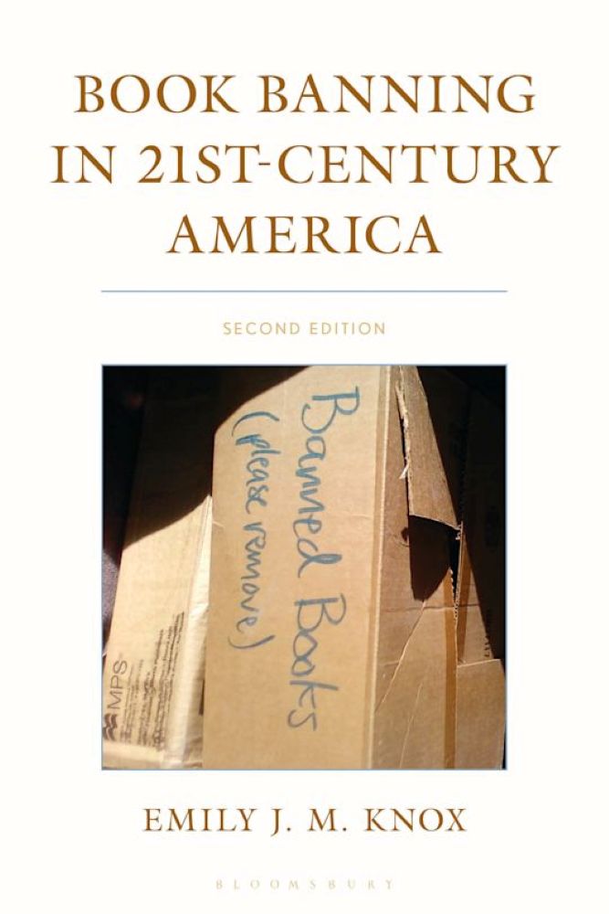 The book cover image for &ldquo;Book Banning in 21st-Century America&rdquo; features a photograph of a cardboard box with a handwritten label that reads &ldquo;Banned books (please remove).&rdquo;