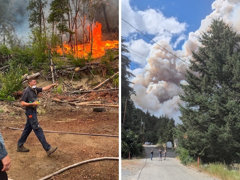 Two photos. On the left, a man in work clothes and an N95-like respirator walks by a burning area of forest. On the right, three people stand in the middle of a gravel road, with wildfire smoke billowing up in the near distance.