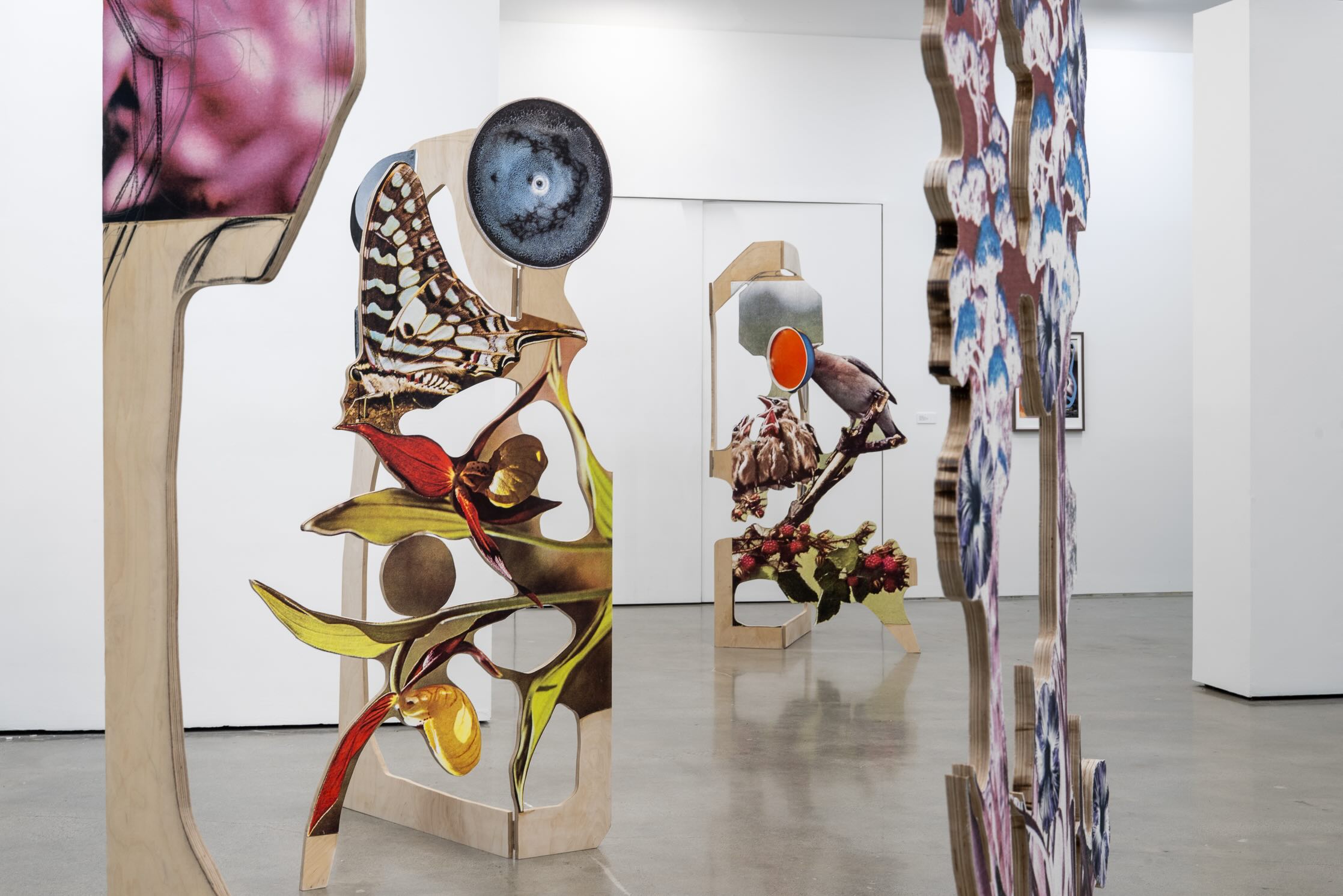 Four tall wood sculptures stand in a white-walled gallery space. They feature abstract photography of the natural world.