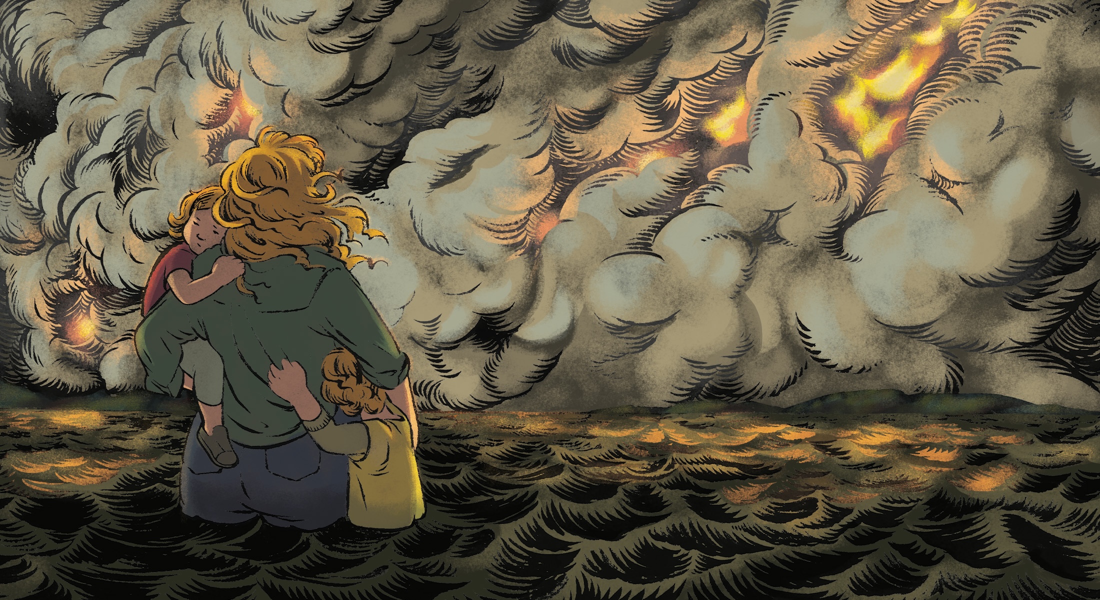 A digital illustration of a woman with wavy red hair holding two young children. They are standing in choppy dark waters and facing an smoke-filled sky. Orange flecks of light that resemble flames are behind them.