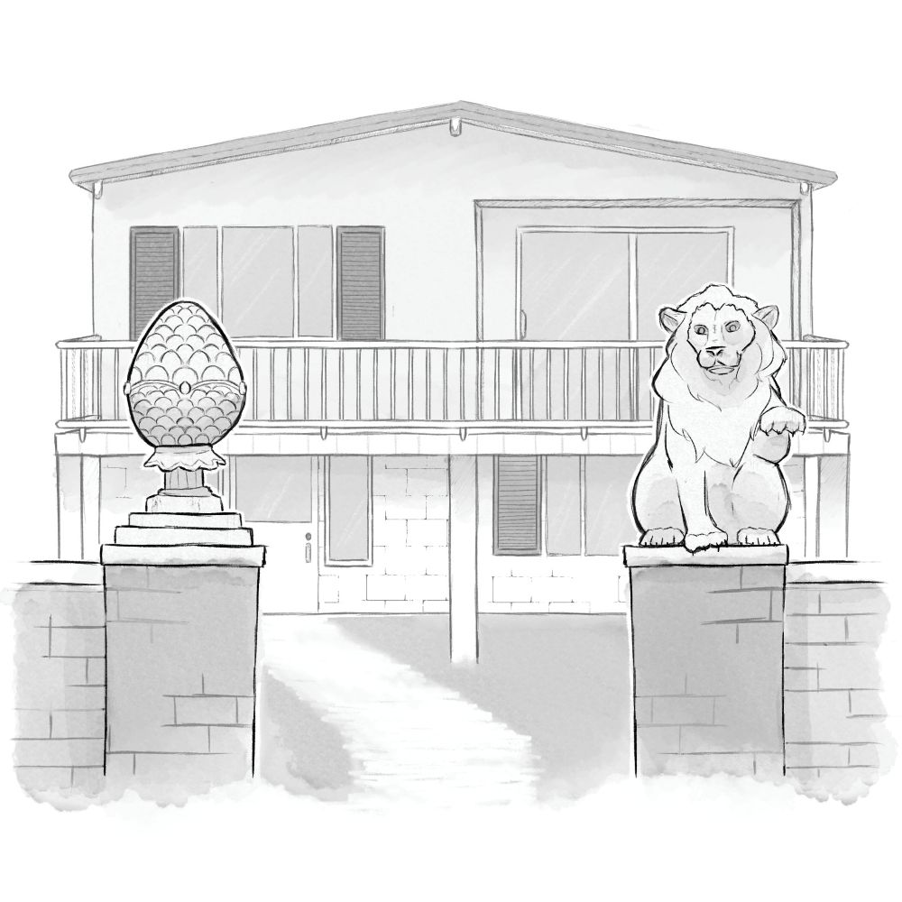 A black-and-white illustration of a house with a boxy shape, slanted roof and balcony on the second floor is flanked by a brick gate on which sit two stone ornaments: a pinecone on the left and a lion on the right.