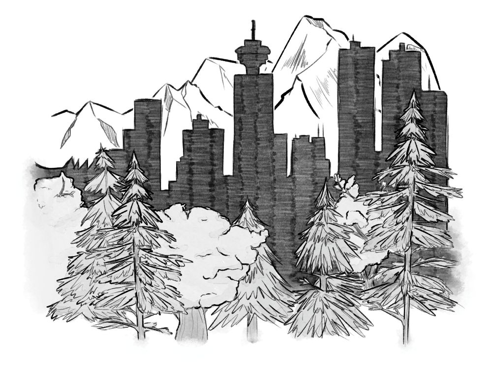 A black-and-white illustration depicts the downtown Vancouver skyline in silhouette. Mountains are in the background and a stand of deciduous and coniferous trees is in the foreground.