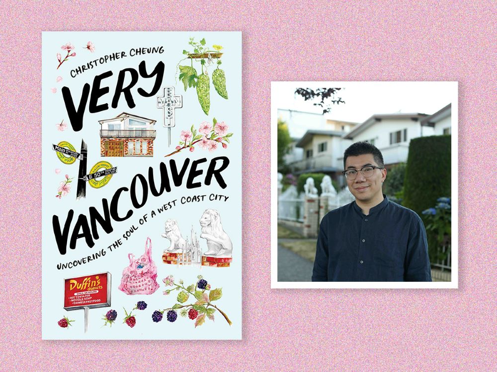 On the left, the book cover image for Christopher Cheung&rsquo;s &ldquo;Very Vancouver: Uncovering the Soul of a West Coast City.&rdquo; The title text is in a bold brushwork-style black typeface, and there are vibrant watercolour illustrations of a Vancouver Special, the East Van cross, cherry blossoms, plants and other landmarks against a light blue background.