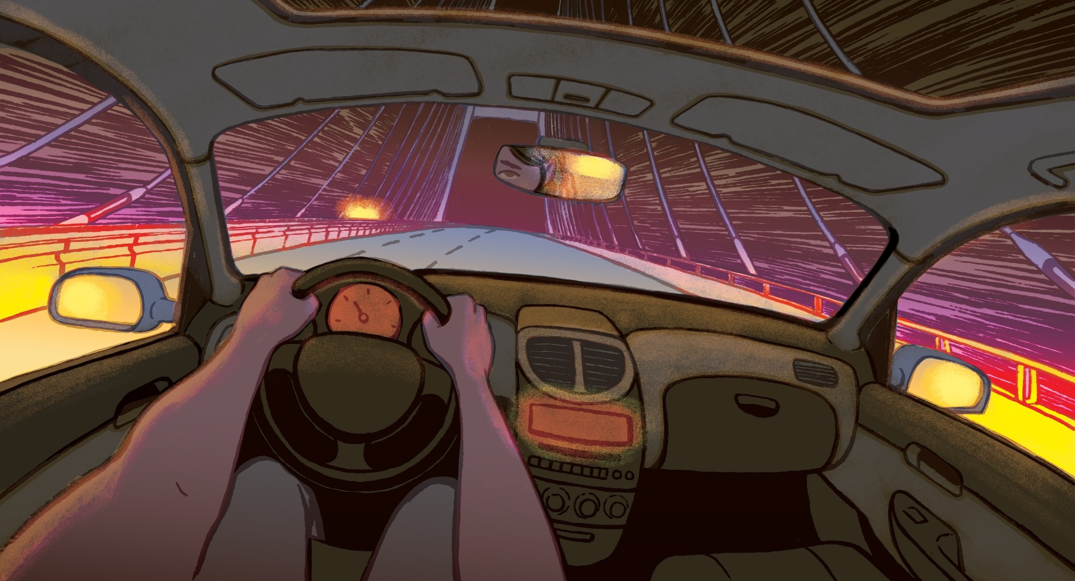 A digital illustration shows two hands at the steering wheel in the interior of a small car. The view through the windshield is of the Alex Fraser Bridge, which has tall cables on both sides. The car interior is dim and the sky outside is dark and blurry, with a purple, orange and yellow colour palette. A partial view of a face in the rearview mirror reveals an expression of trepidation.