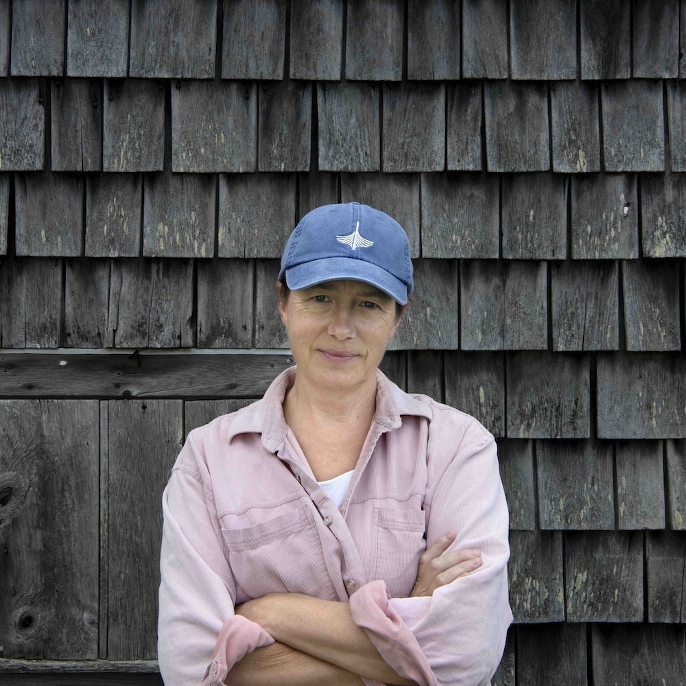 Heather Cox Richardson is wearing a blue ball cap and a thick light-pink button down shirt. She is standing with her arms folded against a wood wall. She has dark brown hair pulled back.