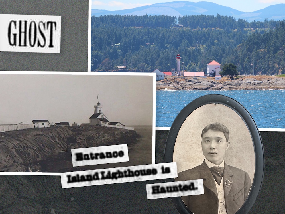 A collage including images of a black and white photo of a lighthouse and newspaper headlines that read, &lsquo;Ghost&rsquo; and &lsquo;Entrance Island Lighthouse Is Haunted.&rsquo;