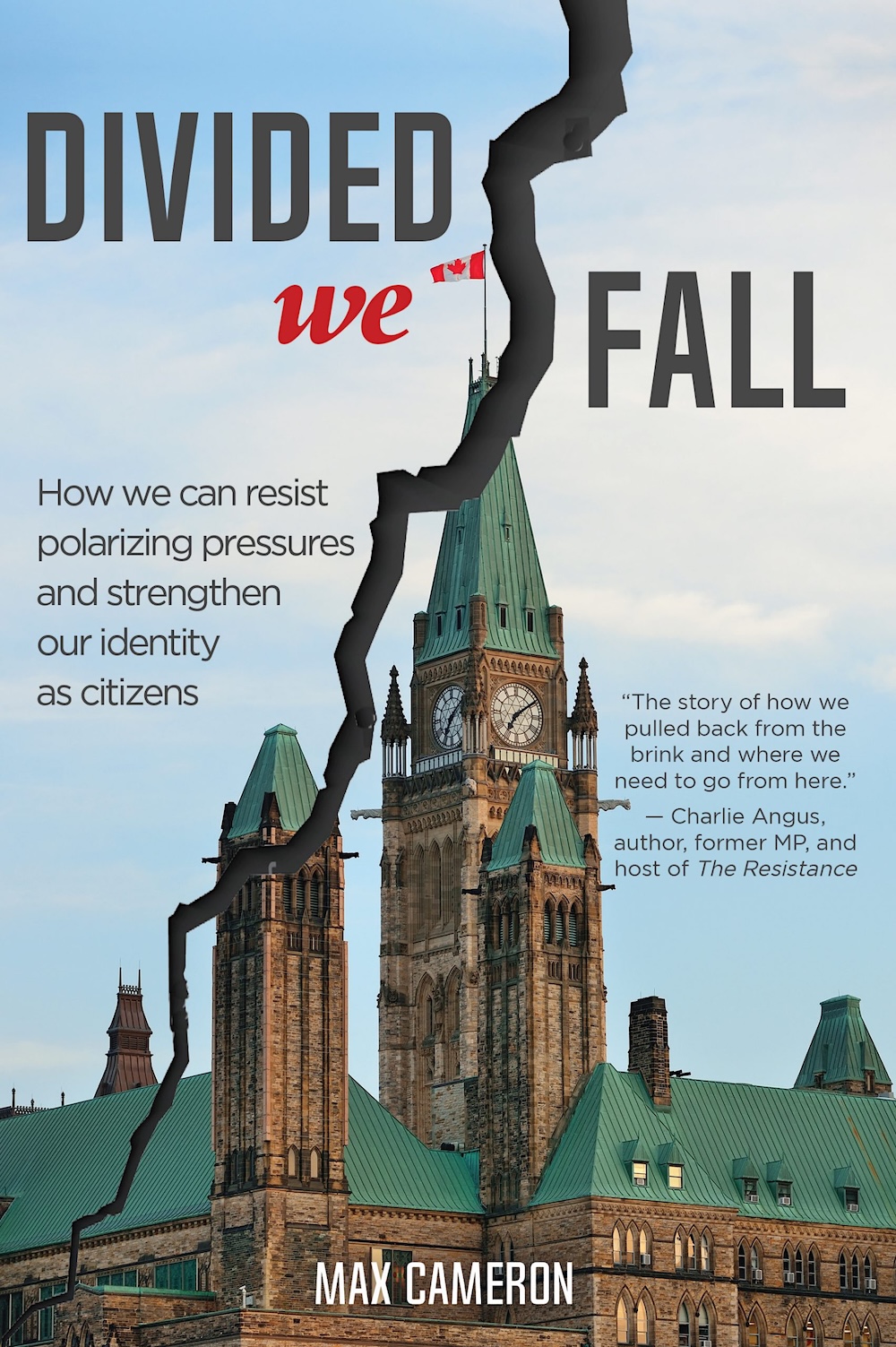 The book cover image for &lsquo;Divided We Fall&rsquo; features a photograph of the Parliament Buildings against a blue sky. A grey tear bisects the image diagonally. 