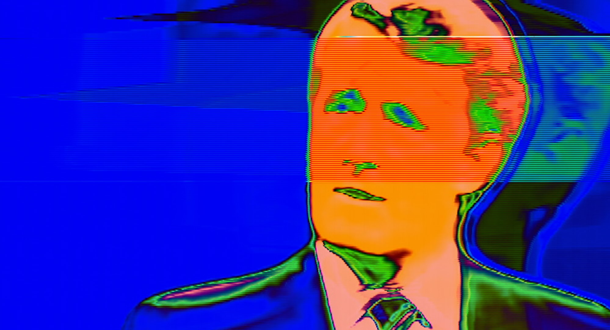 A pixelated, multicoloured image of a man in a suit on a television screen featuring orange skin against a blue background.