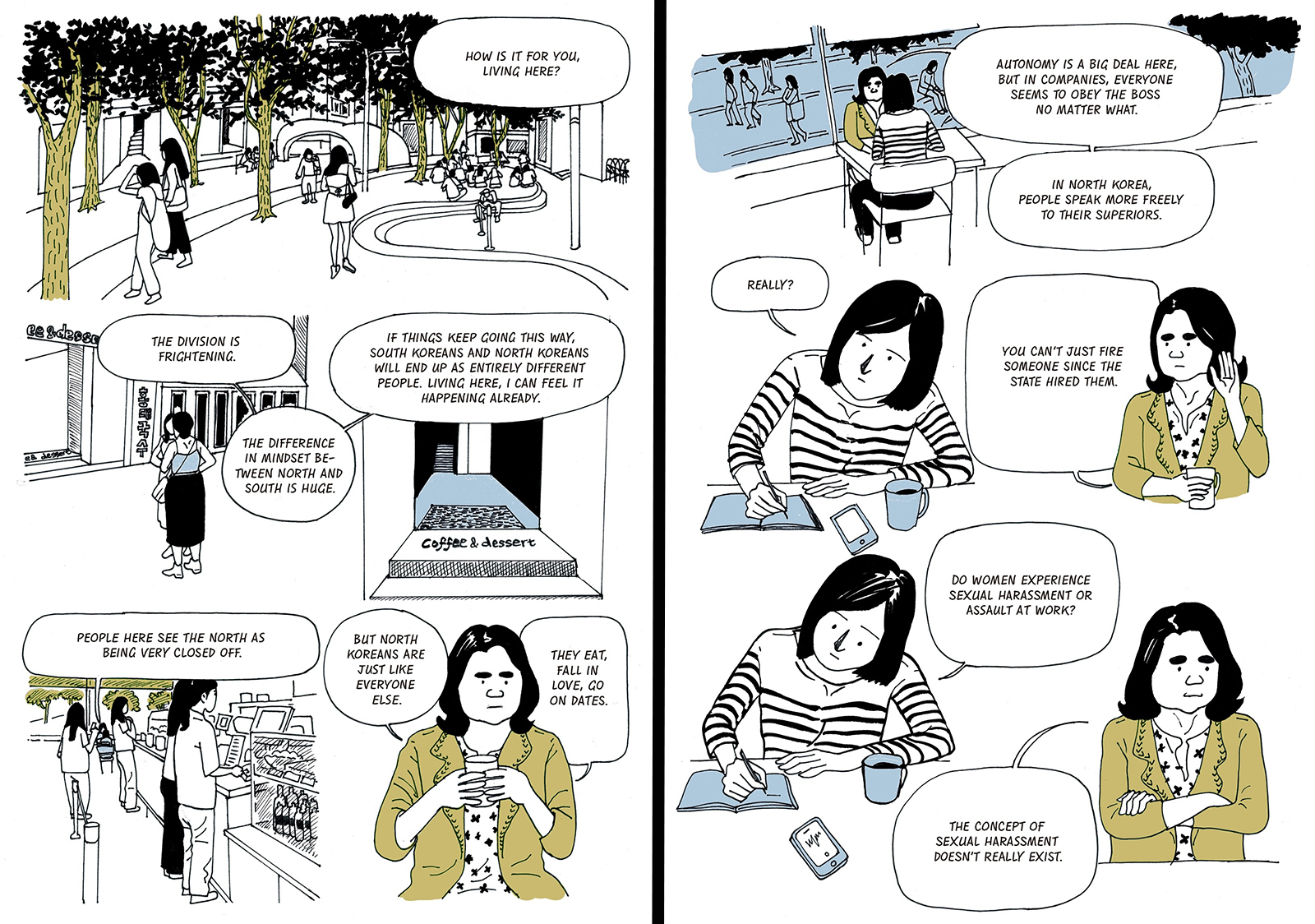 Two pages from a graphic novel depict two women talking about life in North Korea.