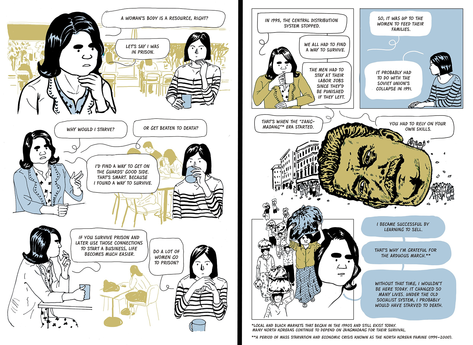 Four pages of a graphic novel depict two women talking about sexual assault and how it is normalized in North Korea.