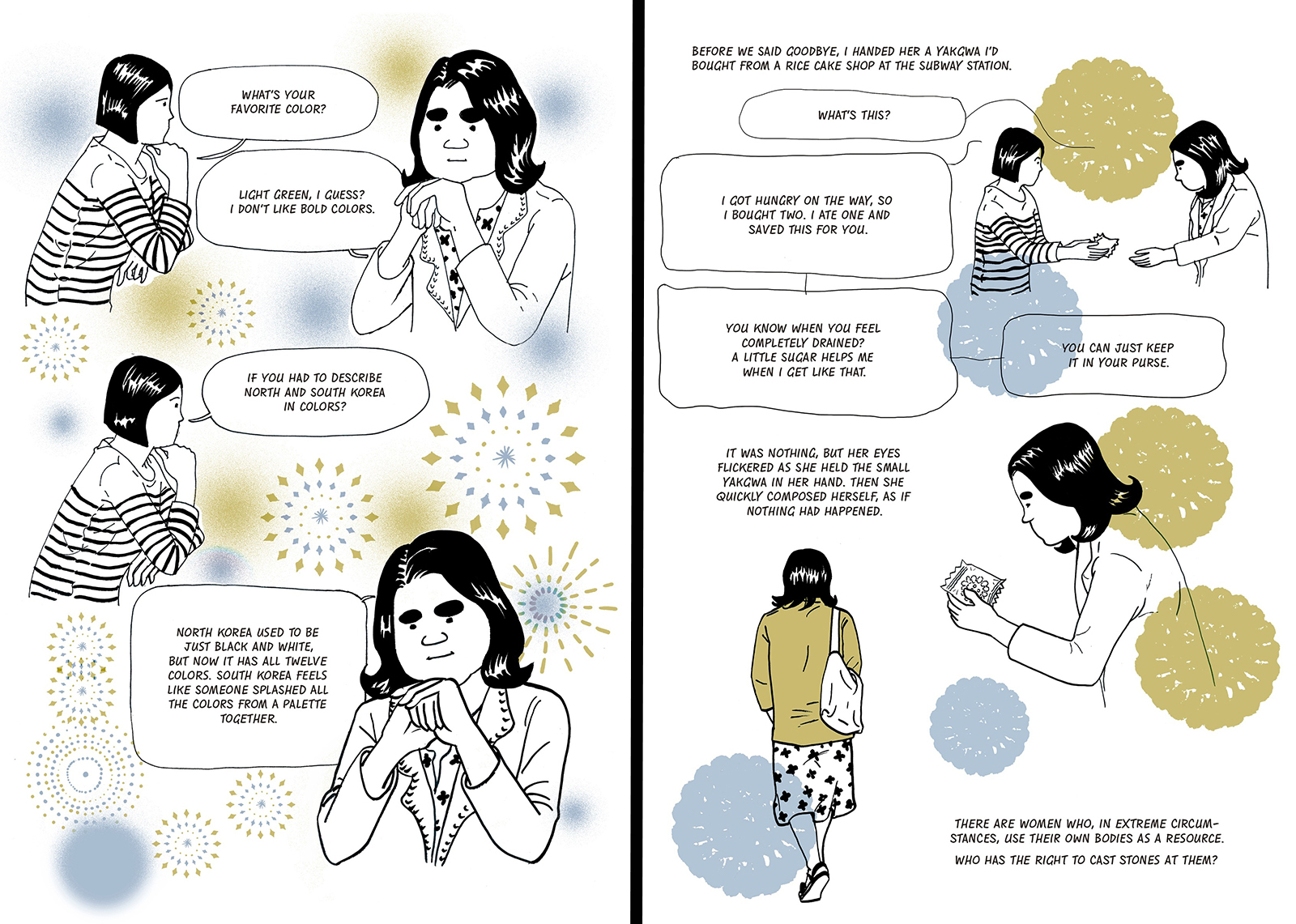 Two pages of a graphic novel depict two women showing care towards each other before they part ways.
