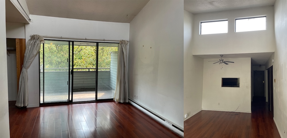 A two-panel image depicts two views of an empty apartment with white walls and dark brown hardwood floors.