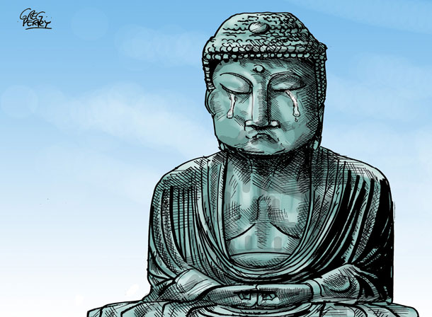 Cartoon of a crying Buddha statue